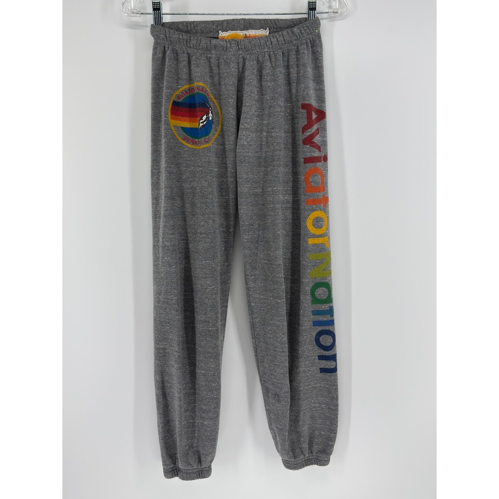 Aviator Nation Rainbow Spellout Logo Patch Joggers Womens S Gray Heathered